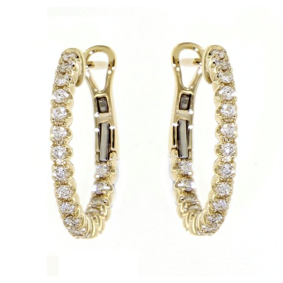 Inside Outside Diamond One Liner Fine Hoops Earrings Yellow Gold - Picture 2 of 6